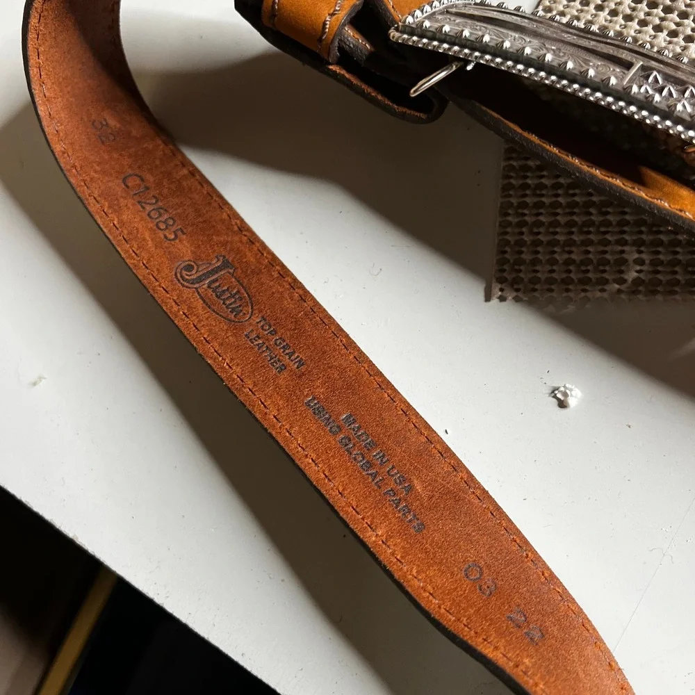 Justin Mens Brown Leather Western Belt American Flag Buckle 32 C12685 Cognac